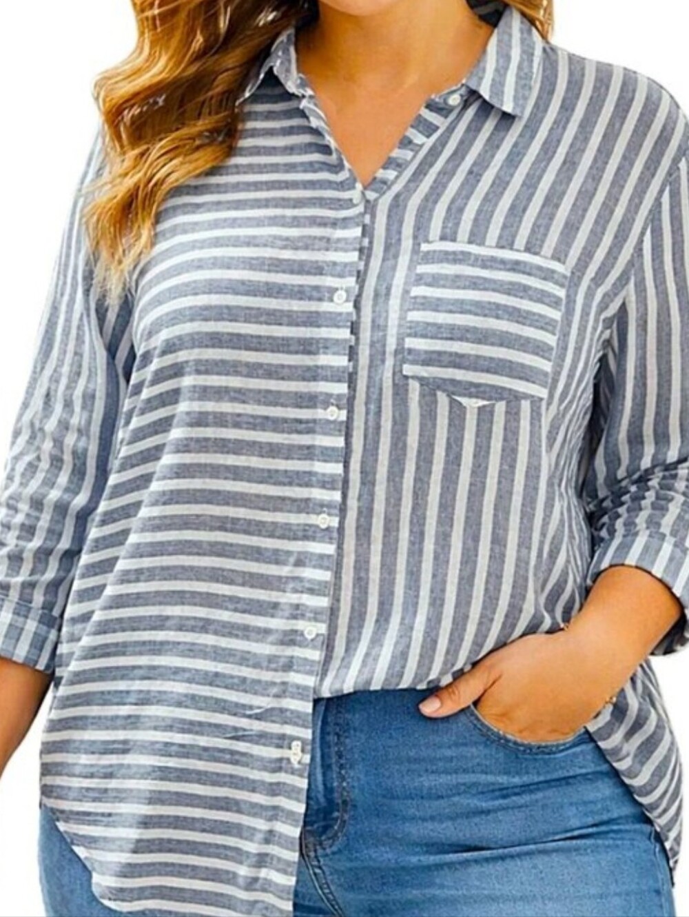 J. Jill Love Linen Blue White Stripe Linen Blouse Button-Up Shirt Size Large P